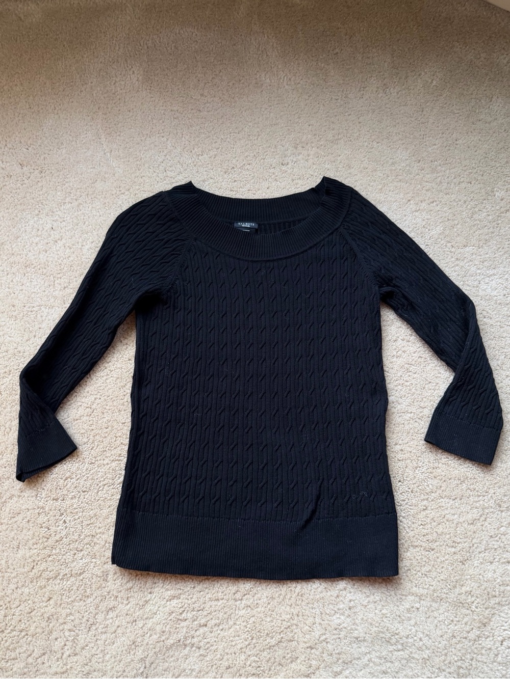 Talbots Women’s Black Cable Knit LS Sweater - Size M - EUC - 100% Pima Cotton